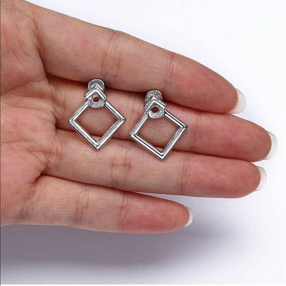 Silver Tone Square Jacket Stud Earrings - Picture 3 of 8